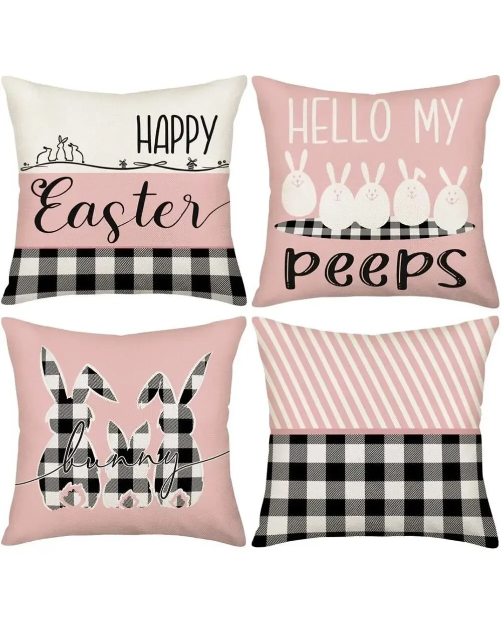 Easter Throw Pillow Covers 24 x 24 Inch Set of 4 Pink Buffalo Plaid Farmhouse...
